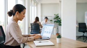 Staf HR mengelola database karyawan melalui laptop di kantor modern
