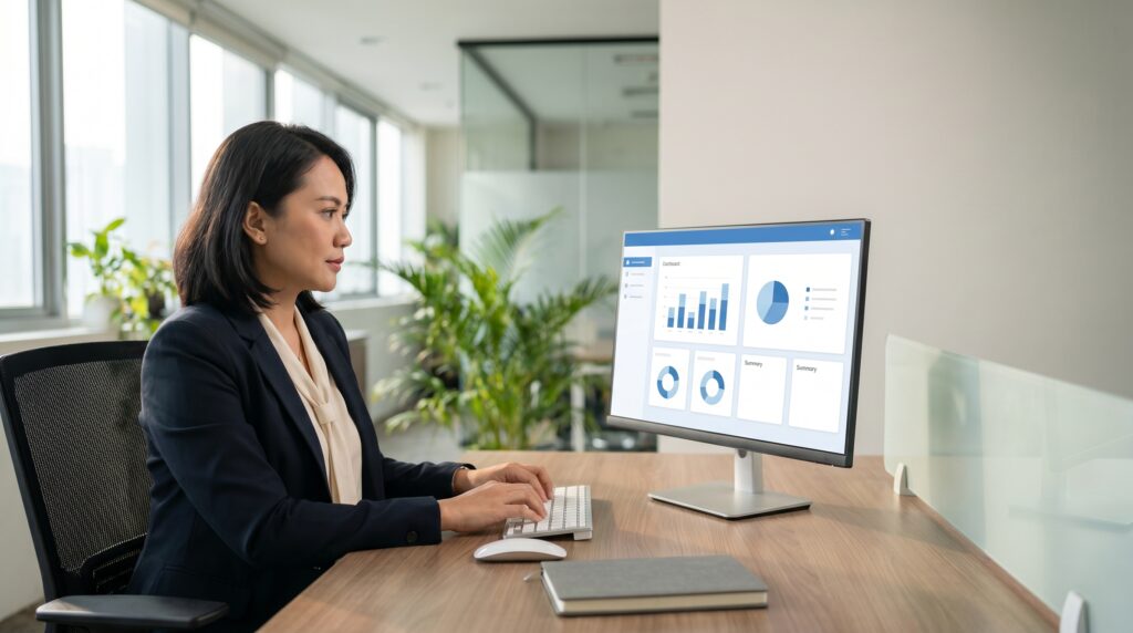 Manajer HR memantau laporan karyawan melalui dashboard digital