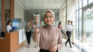 Karyawan melakukan absensi digital melalui smartphone di pintu masuk kantor